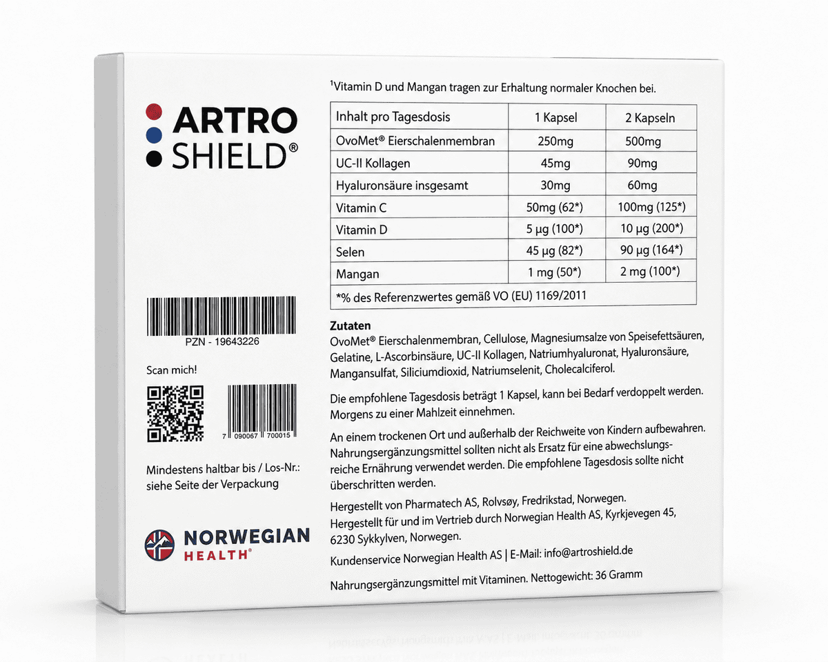 Rückseite der ArtroShield Packung mit der vollständigen Nährwerttabelle, jede Zutat einzeln in Milligramm