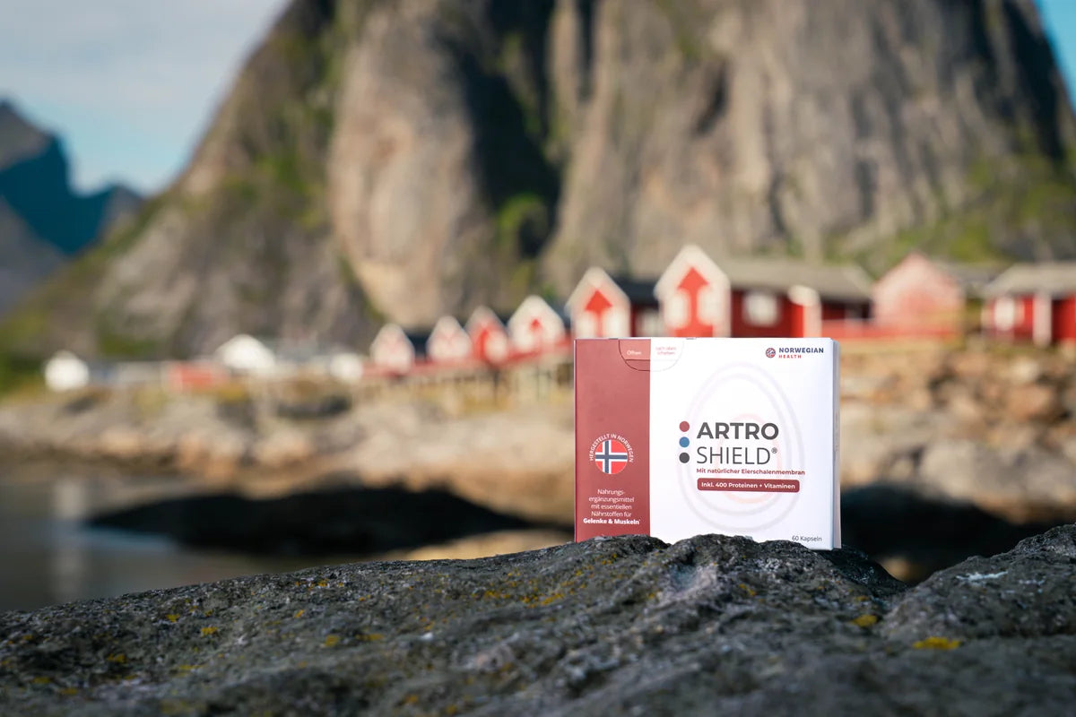 ArtroShield-Packung vor einer Küstenlandschaft mit Bergen und roten Holzhäusern
